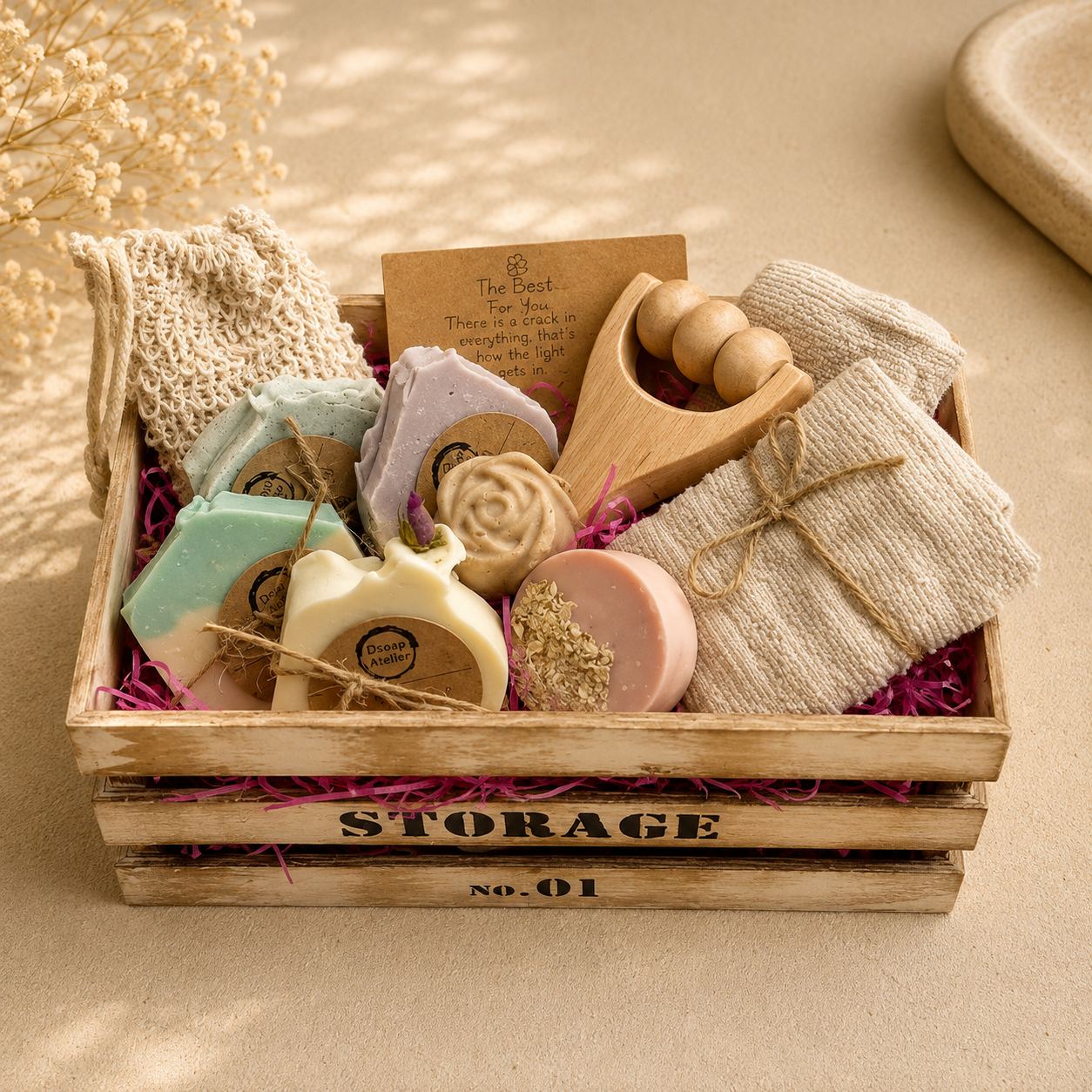 Natural Wellness Wooden Hamper — Handmade Soap & Spa Essentials Gift Set