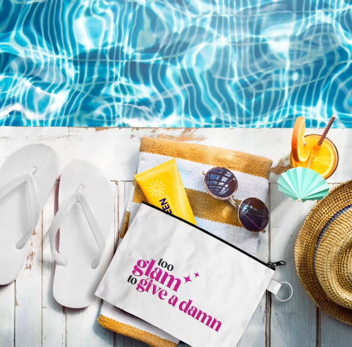 "Too Glam to Give a Damn" Embroidered Pouch – Bold & Stylish Gift