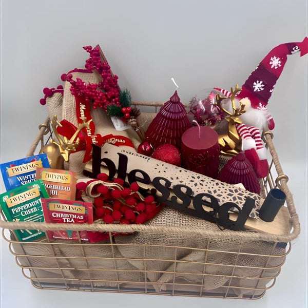 A Metal Hamper including metal incense burner, Christmas red candles, Christmas ornament, table festive runner, 4 tea sachet; gold reindeers