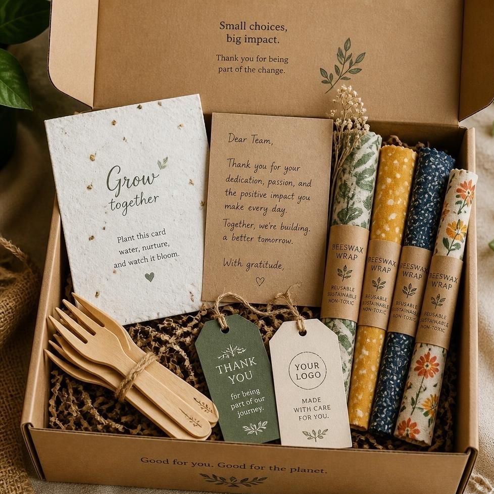 A curated gift box set for teams or individuals, featuring a kraft paper box filled with a personalized card, wooden utensils, fabric rolled scarves in floral and patterned designs, and two customizable hanging tags.