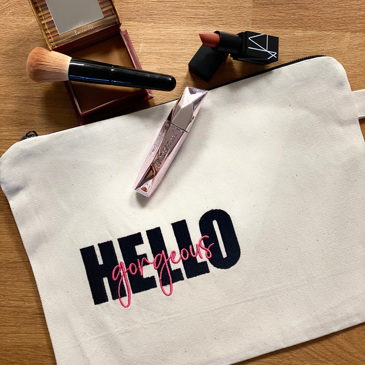 "Hello Gorgeous" Embroidered Pouch – Stylish & Functional Gift