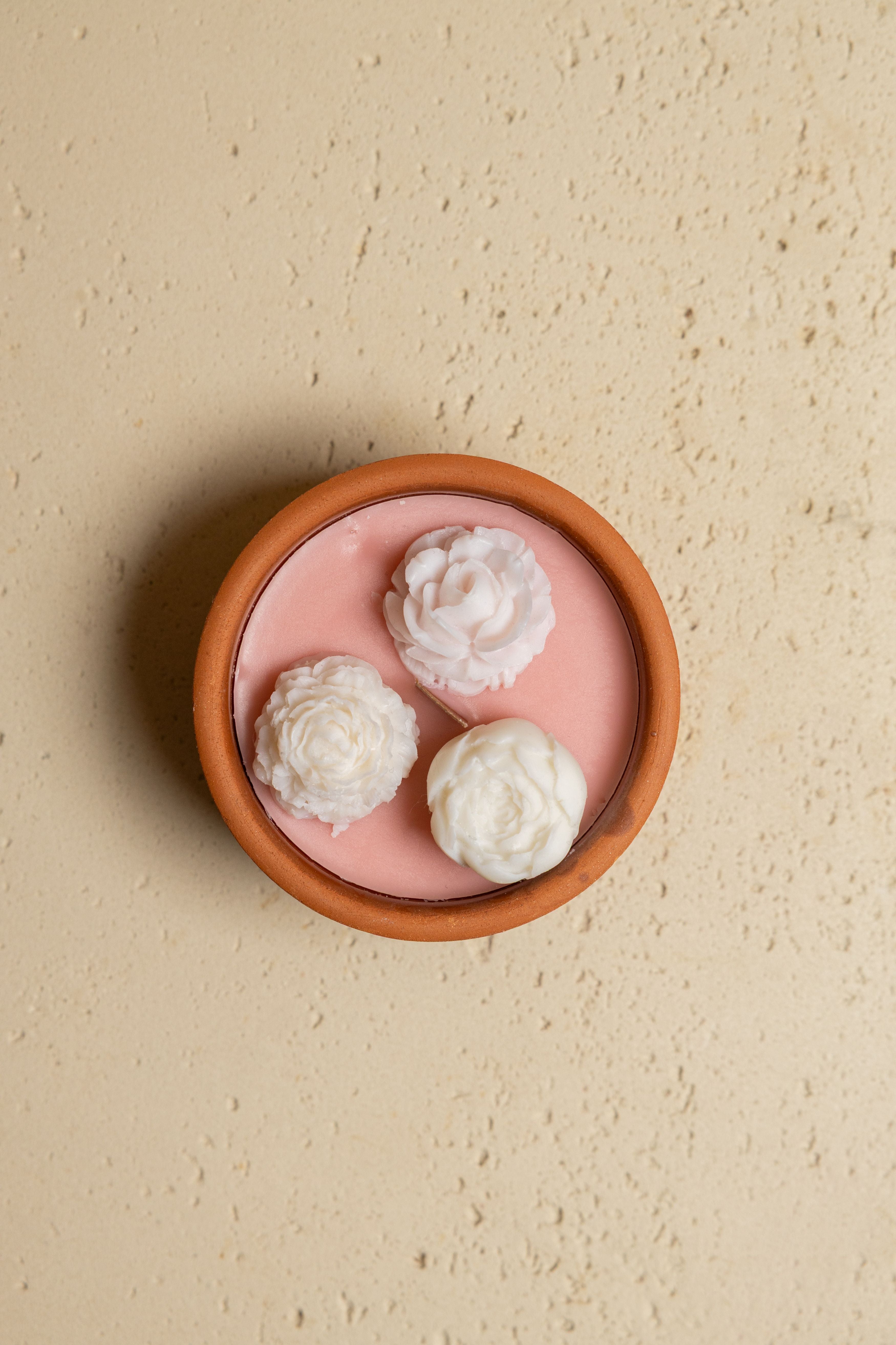 Round candle Clay pot - Pink & White flowers