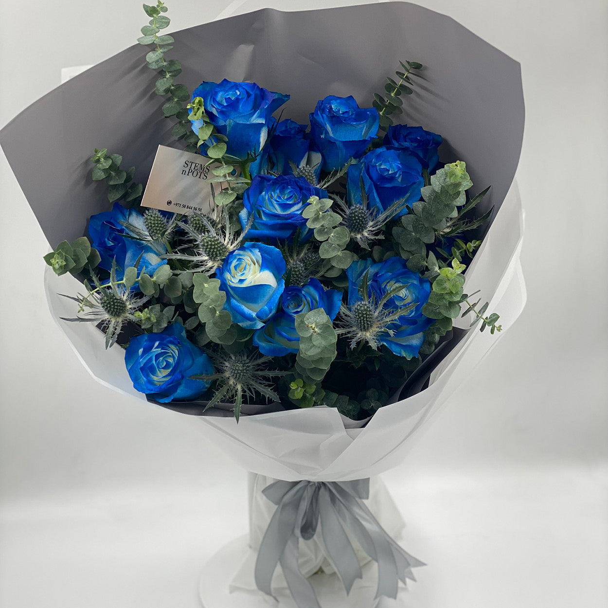 Blue Roses & Eucalyptus Bouquet – A Unique Birthday Gift for Him