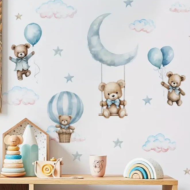 Hot Air Balloon Bear Vinyl Self-Adhesive Wall Stickers - Whimsical Cartoon Bear