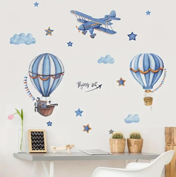 Blue Cartoon Hot Air Balloon & Airplane Wall Decals with Stars