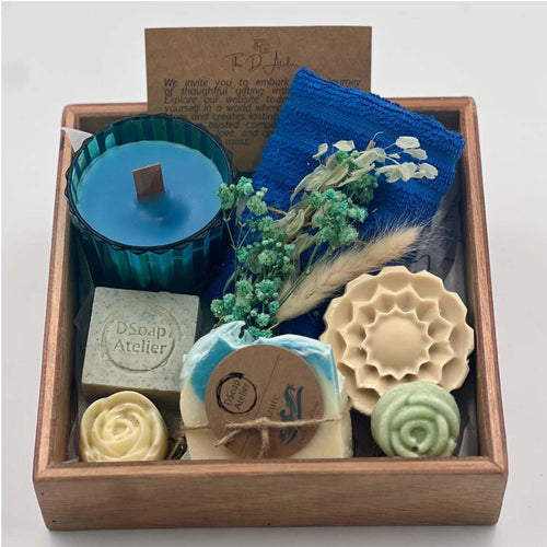 Aqua-Themed Gift Tray — Handmade Soaps & Candle Set