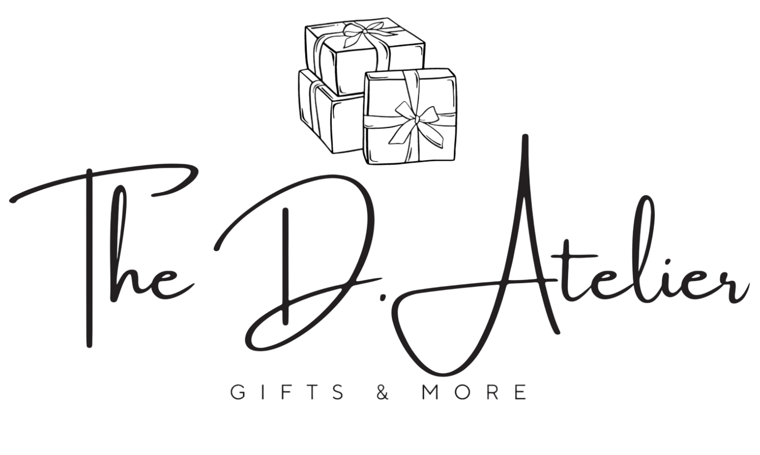 Logo of The D. Atelier with gift box illustrations on a white background