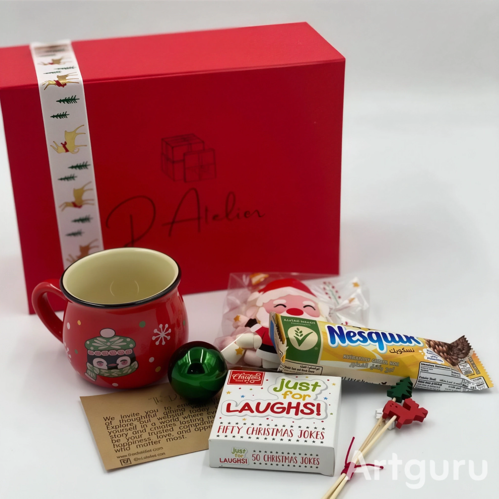 Kids box for Christmas, small porcelain Christmas cup for kids, a cereal bar, marshmallow, fun cards, and Christmas ornaments
