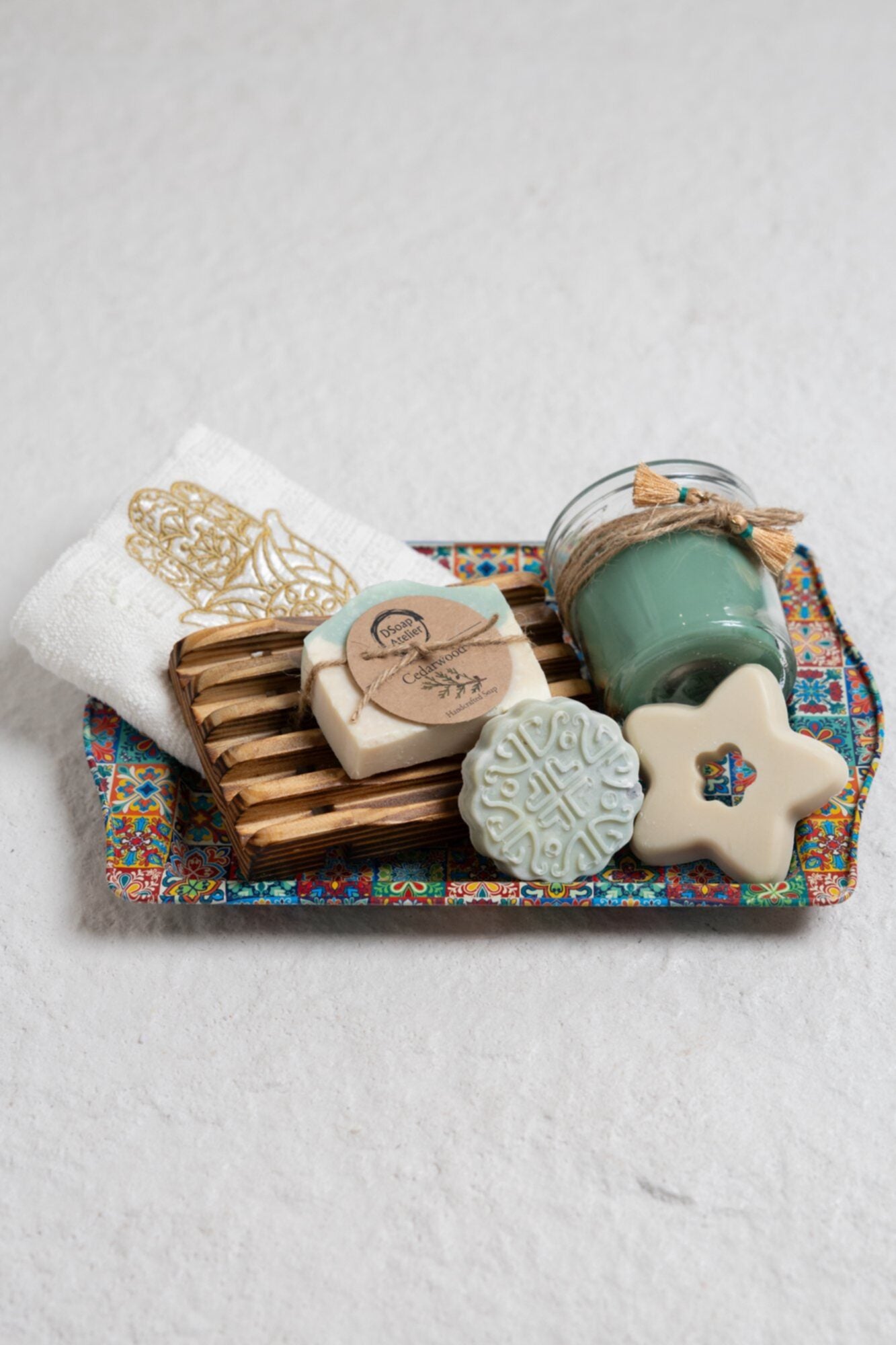 The Patterned Tray with Handmade Candle and Soaps
