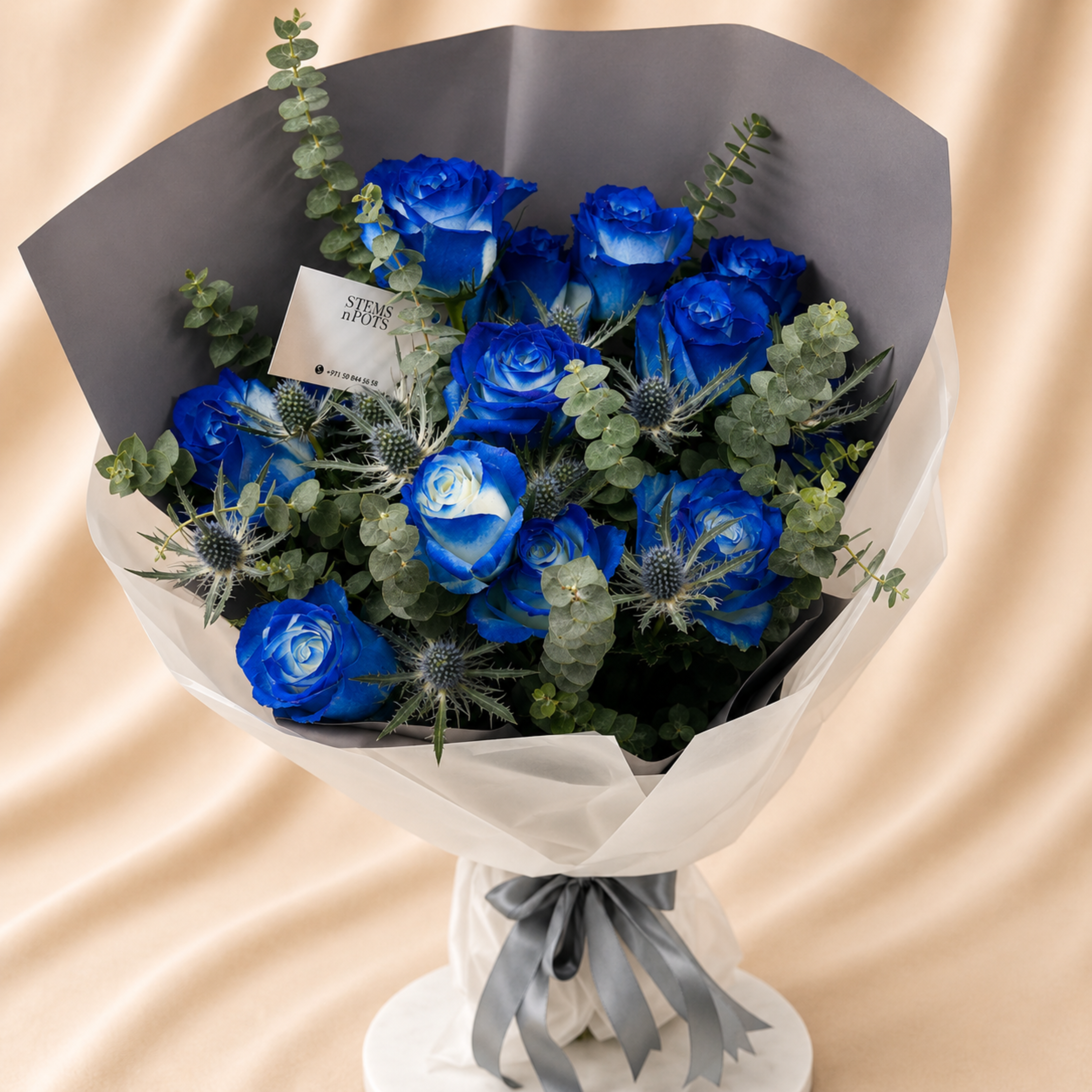 Blue Roses & Eucalyptus Bouquet – A Unique Birthday Gift for Him