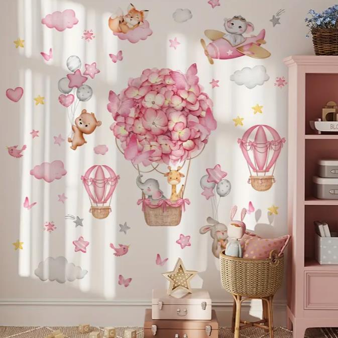 Pink Animal Paradise, Hot Air Balloons, Clouds & Butterflies