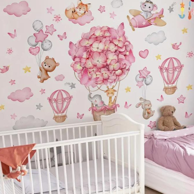 Pink Animal Paradise, Hot Air Balloons, Clouds & Butterflies
