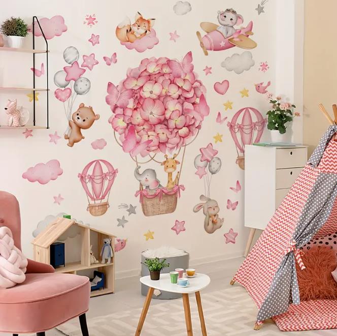 Pink Animal Paradise, Hot Air Balloons, Clouds & Butterflies