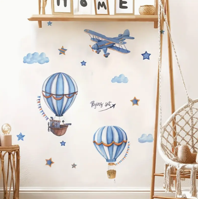 Blue Cartoon Hot Air Balloon &amp; Airplane Wall Decals with Stars
