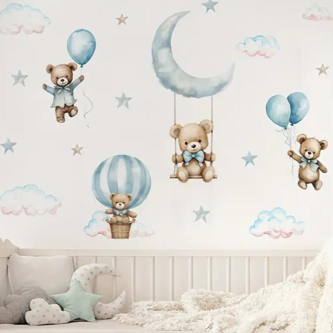 Hot Air Balloon Bear Vinyl Self-Adhesive Wall Stickers - Whimsical Cartoon Bear