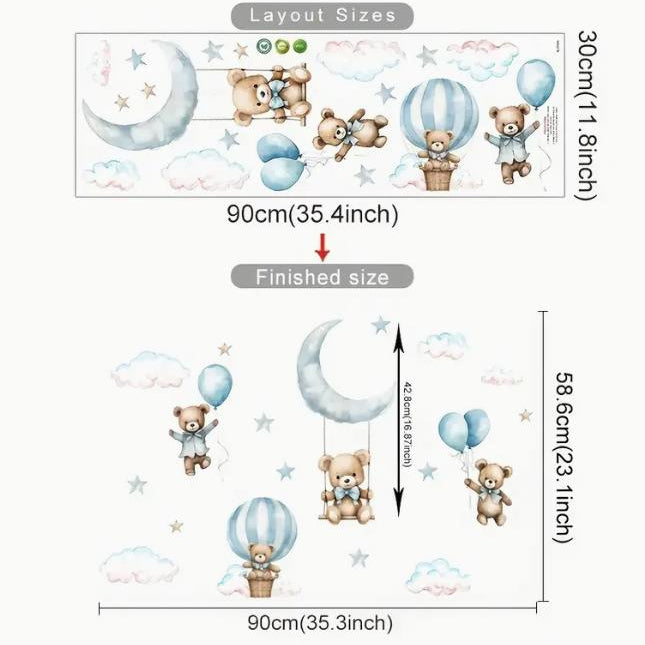 Hot Air Balloon Bear Vinyl Self-Adhesive Wall Stickers - Whimsical Cartoon Bear