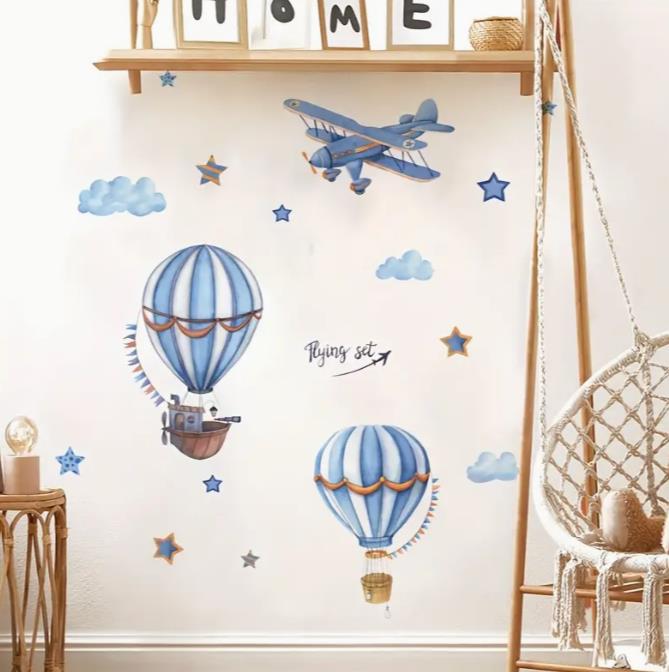 Blue Cartoon Hot Air Balloon &amp; Airplane Wall Decals with Stars