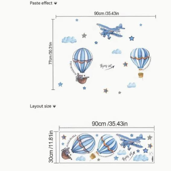 Blue Cartoon Hot Air Balloon &amp; Airplane Wall Decals with Stars