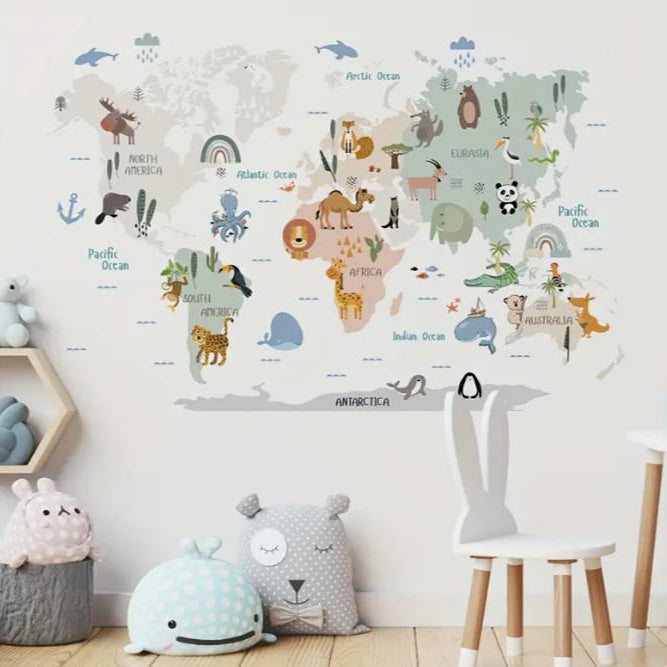World Map Animals Wall Stickers