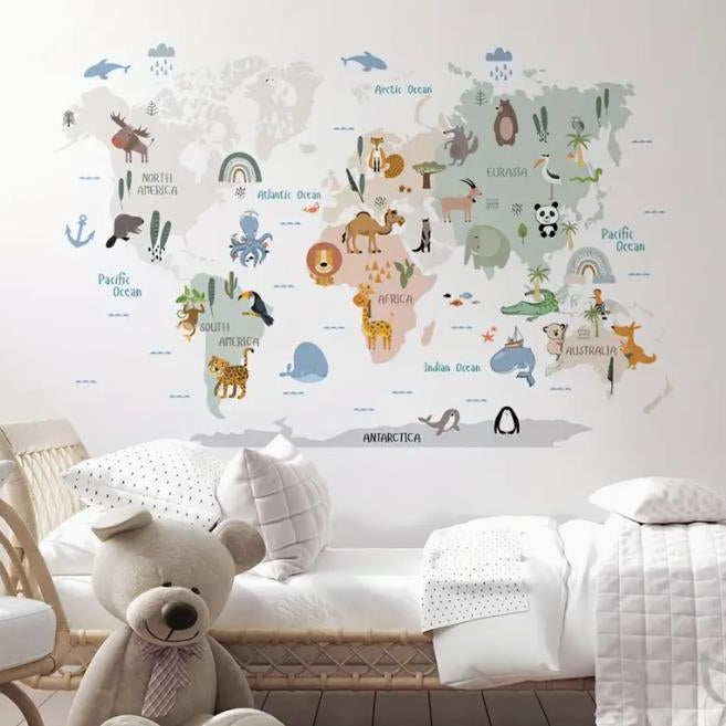 World Map Animals Wall Stickers