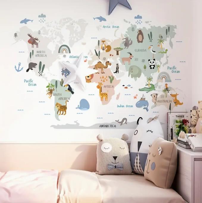 World Map Animals Wall Stickers